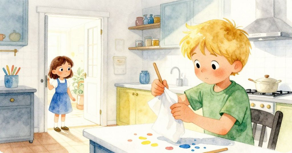 在廚房過渡空間中，Grey用摺紙巾細心擦拭污漬，Sara靜靜守望，環境透出溫柔光線與轉換氣息。