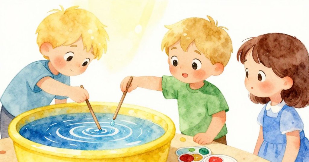 Grey精心將清潔過的木棒浸入藍色水槽，水中漣漪激起微小環狀色彩，Sara目光緊盯成果，動作與反應鮮明。