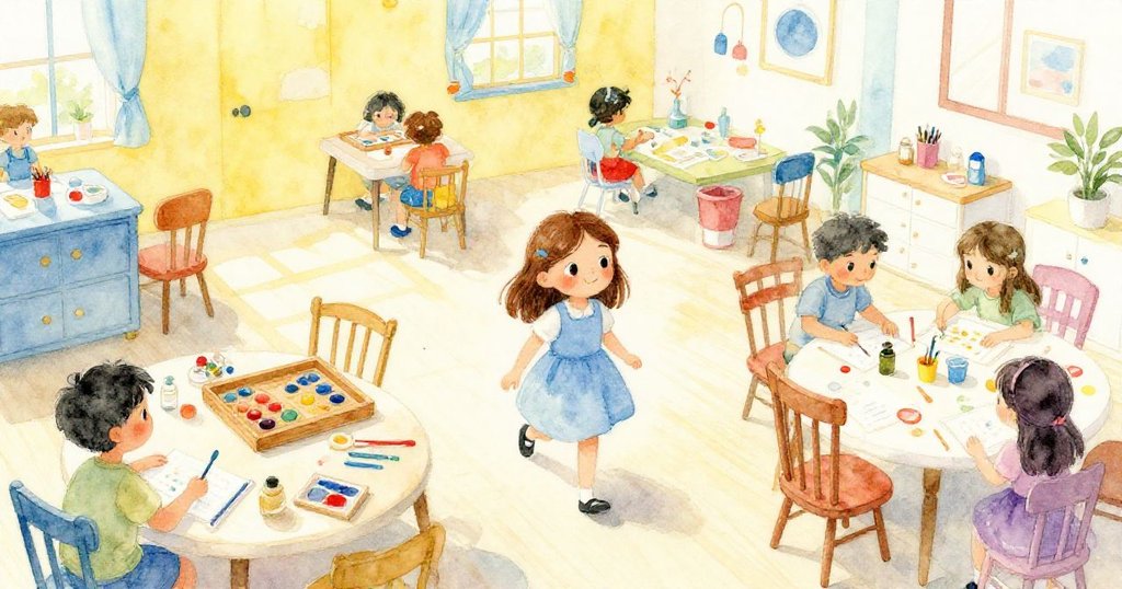 奧莉芙從上方俯瞰進入手作角落,看到木托盤與忙碌小朋友,環境明亮充滿期待與活力