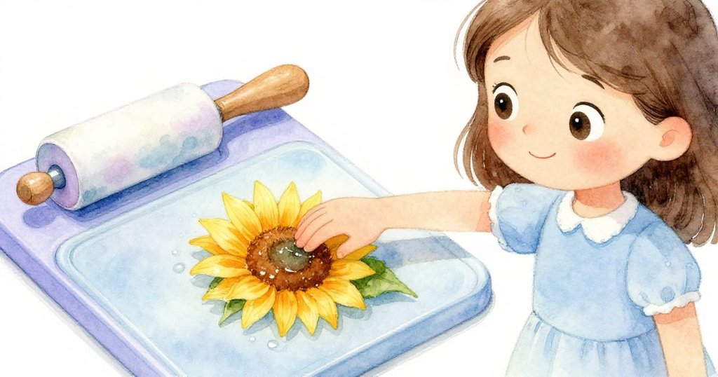 奧莉芙仔細擺放向日葵葉與木輥,近拍展現淺盤海藍色油墨與創作材料,神情專注細膩