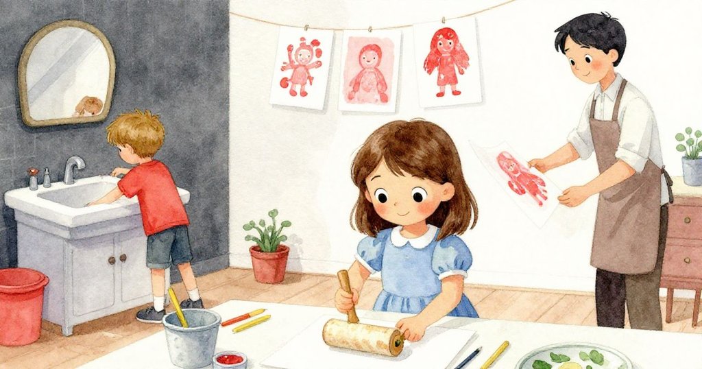 奧莉芙專注使用木輥印出創意,背景中男孩與志工動作自然,層次豐富展現忙碌工作室情景