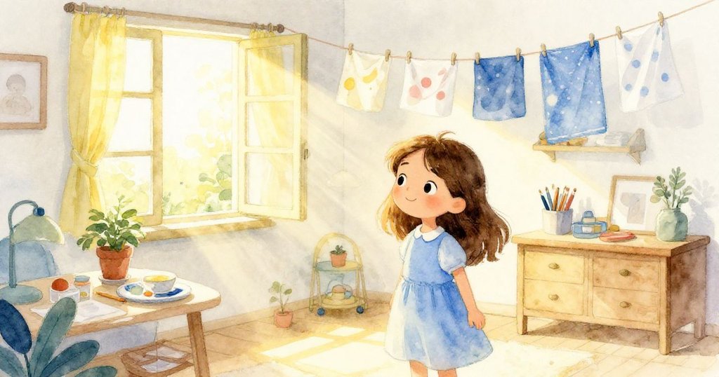 奧莉芙繼續創作,窗外微風拂過使作品輕舞,金色陽光灑落展示時光流逝與室內活力