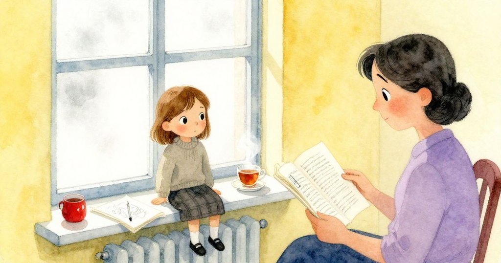 Fleur站在霧氣瀰漫的窗邊,Vivian在旁讀著雜誌,房間溫馨充滿物品,展現家庭溫暖氛圍。