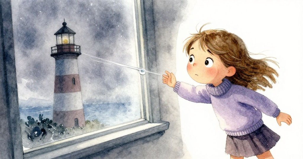 Fleur在窗邊驚訝地看著,一滴水慢慢拖曳過繪畫中的燈塔,意外留下筆劃,畫面角度獨特。