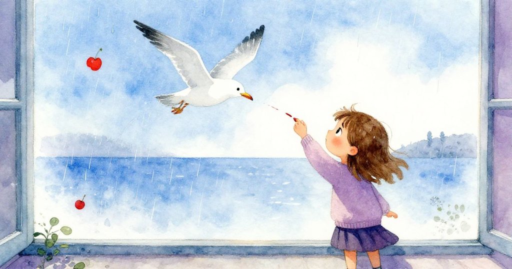 Fleur堅定地將誤劃轉化為海鷗尾巴的創意線條,窗外細雨敲打,展現出向未來邁進的希望。