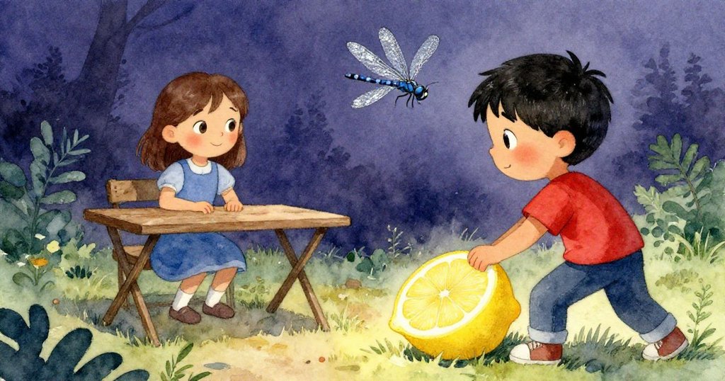 Hugo與Eve在戶外桌旁合作製作果汁,藍色蜻蜓飛舞,陽光溫暖,情緒專注且充滿期待。