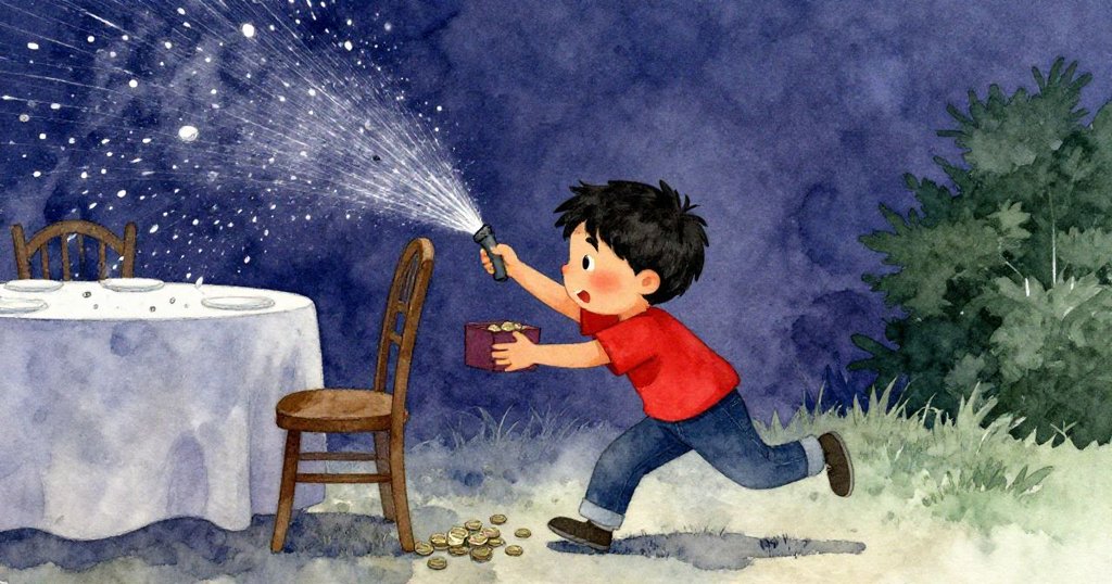 Hugo急忙整理錢盒與桌子對付噴水器灑下的銀色水霧,背景呈現陰濛光線,情境緊湊有序。