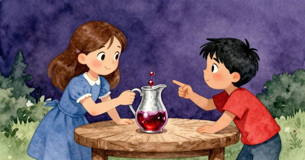 Hugo與Eve在混亂中互視點頭,桌上果汁瓶邊覆蓋糖漿,混亂中仍流露堅定與創造力,情感豐富。