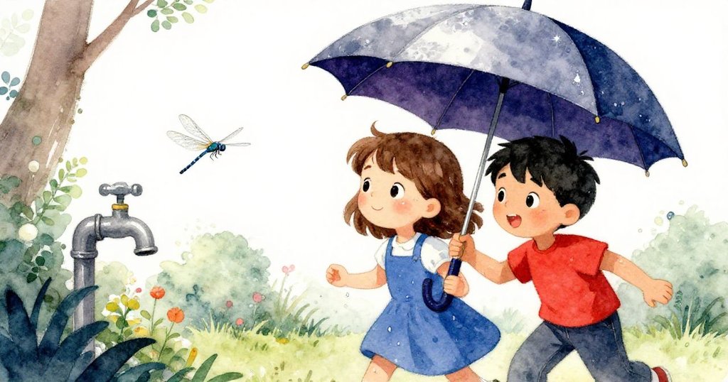 Hugo與Eve重新聚集在傘下,輕拭臂上水珠,藍蜻蜓伴隨出現,畫面傳遞溫柔重逢與平靜心情。