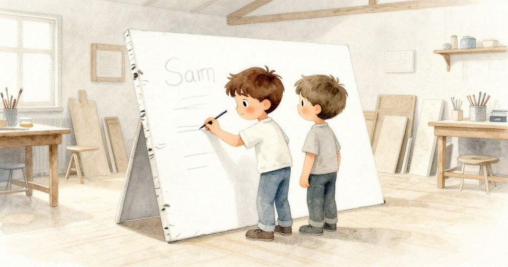 山姆正專注地在明亮工作室裡，用粉筆劃出木板上的直線，木屑靜靜堆積，神情認真