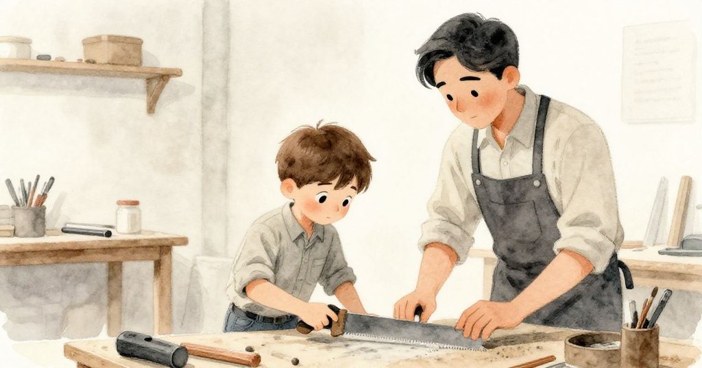 山姆在整潔工作室中專注劃線，背景中教師正平靜示範鋸切，空白區域突顯環境簡約氣氛