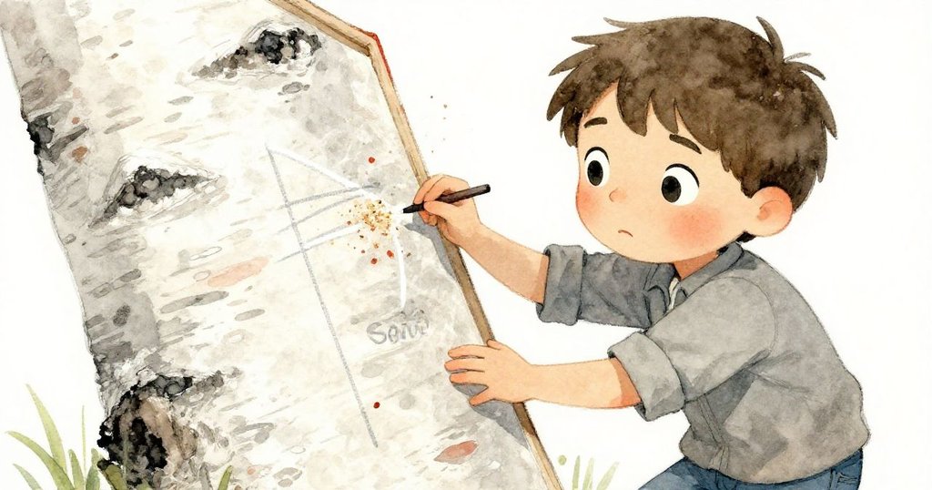 山姆困惑地俯視木板上交錯的不清粉筆線條，精細鋸末與粉筆混合呈現出特寫細節，神情疑惑