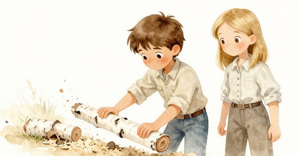 萊娜溫柔地翻轉木板，輕拍讓鋸末滑落，山姆在一旁注視，畫面充滿懷舊溫暖氣息