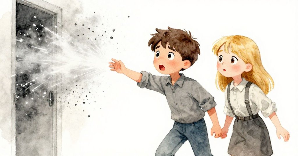 山姆與萊娜急促反應於忽然進入的冷風，鋸末在空中旋轉定格瞬間，緊張氣氛撲面而來