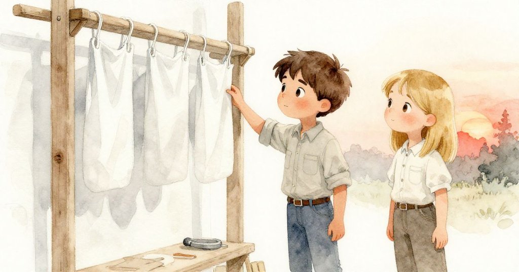 山姆與萊娜在夕陽暖光中滿懷喜悅注視著正在晾乾的木架，工作臺上仍留有淡淡鋸末，結局溫馨