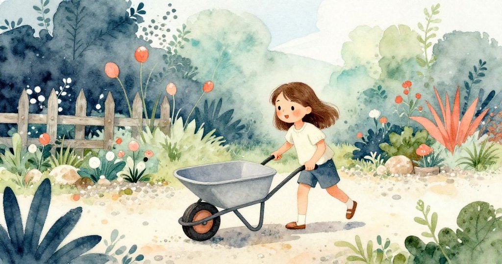 娜迪亞推著獨輪手推車在花園小徑上前進,背景有傾斜圍欄與散落木屑,她神情充滿好奇與期待