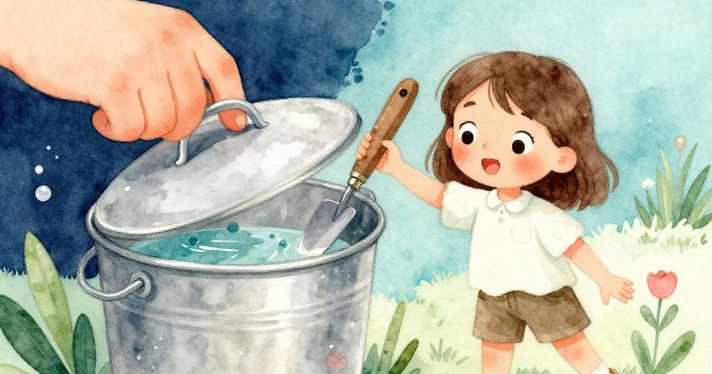 娜迪亞伸手輕輕捏起堆肥桶蓋,特寫呈現光滑金屬鉸鏈與夾著鏟子,神情專注且堅定