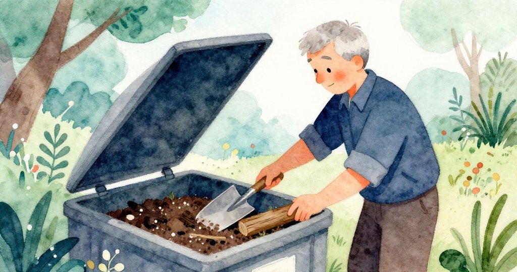 埃米爾從背後專注地將鏟子塞入桶蓋與邊緣之間,鏡頭呈現漂流木和工作細節,表情認真