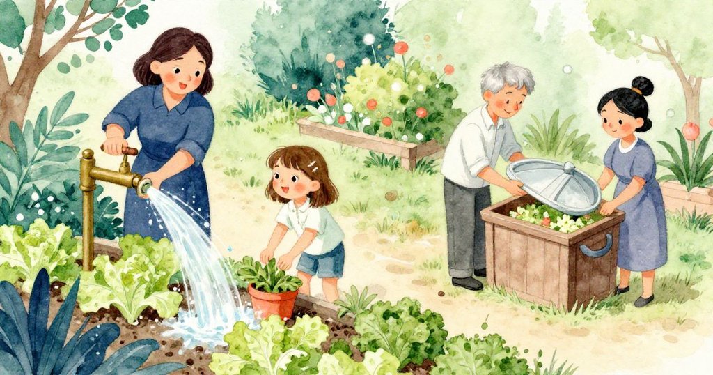 花園高角度畫面中,弗里達轉動銅水龍頭灑水,娜迪亞與埃米爾忙於堆肥桶蓋調整,場景和諧明亮