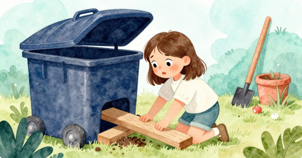 娜迪亞集中精神調整支撐木板,臉上流露出決心和隱約擔心,堆肥桶蓋略顯搖晃,工具散落一旁