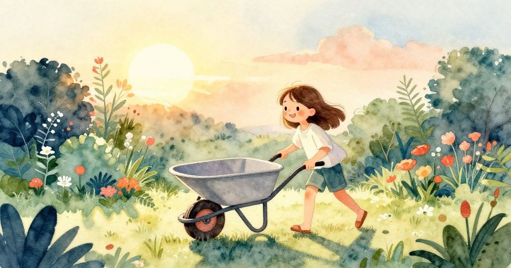 夕陽下娜迪亞輕推穩固手推車,花園沐浴於金色余暉中,臉上滿是安心與愉悅,結局溫馨平和