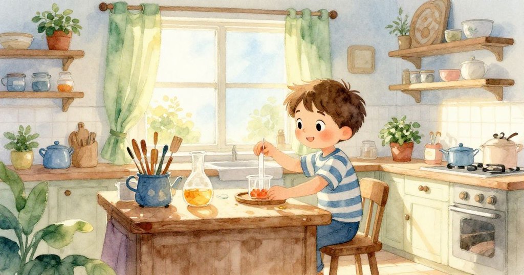 芬恩在明亮溫暖的廚房內忙碌準備實驗,窗外晨光灑入室內,工具整齊地擺在工作台上,充滿專注與期待。