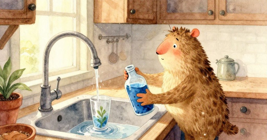 芬恩的手正小心傾斜藍色染料瓶,一滴染料形成並落到裝有芹菜梗的玻璃杯上,動作細膩且充滿期待。