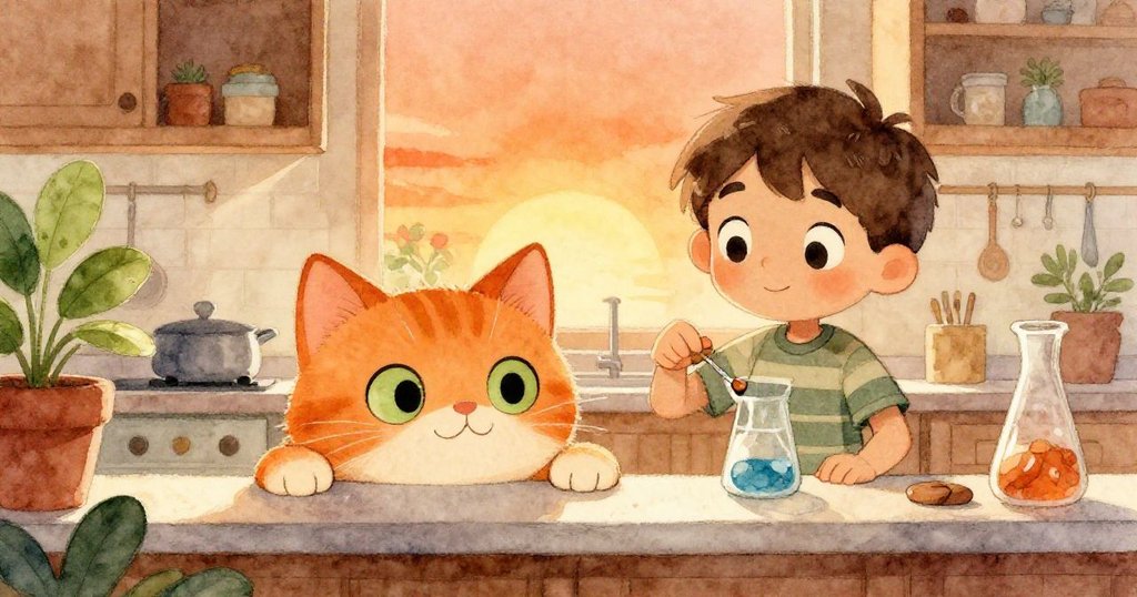 一隻圓潤橘貓好奇地從櫃台後方窺視芬恩進行實驗,牠綠色眼睛充滿驚奇,廚房角落散發溫馨氣息。