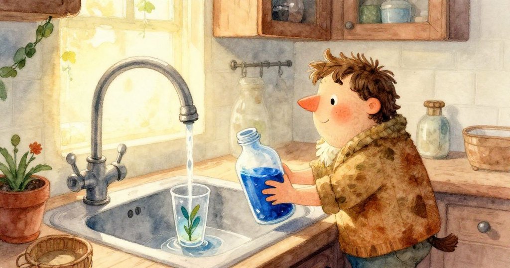 玻璃內部呈現藍色染料與水混合的旋渦效果,芹菜梗上精細的紋理猶如微小銀河在流動,充滿神秘美感。