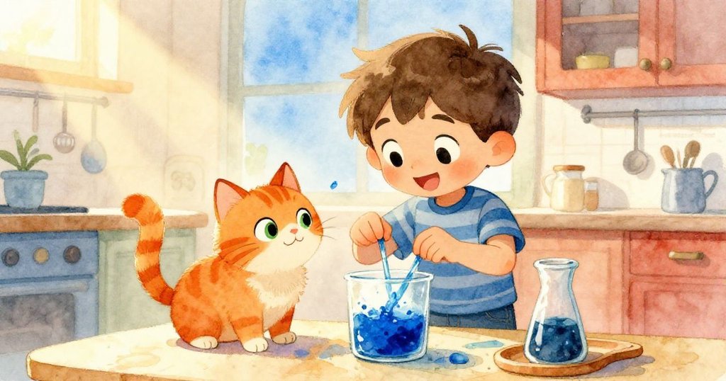 芬恩滿臉喜悅地仔細檢查成功完成的實驗,橘貓在旁輕柔依偎,廚房溫馨明亮,充滿慶祝與幸福的氣氛。