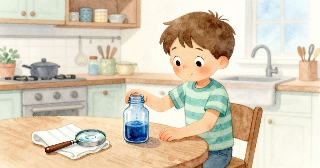 芬恩靜靜地放下空瓶,藍色玻璃上最後的漣漪緩緩流動,廚房角落散發出神秘寧靜的氣息,讓人期待未來的新故事。