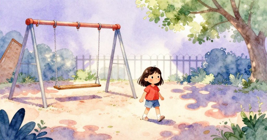 柯拉在陽光燦爛的遊樂場入口走進來，臉上帶著期待與喜悅，背景顯示鏈條輕響和圍欄環繞，呈現初次進入的溫暖情景。