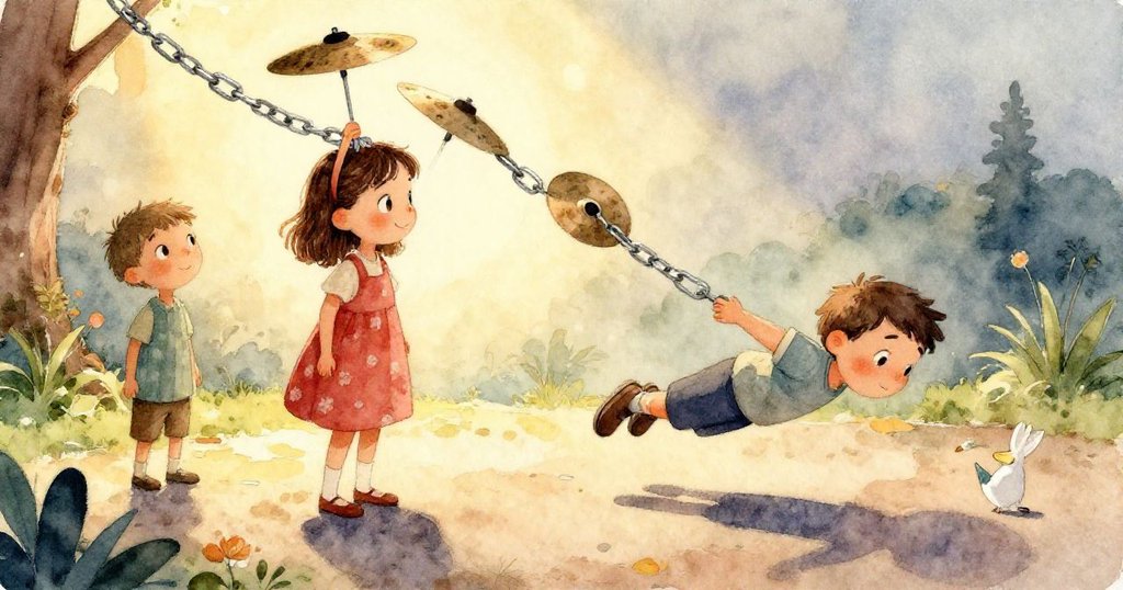 一顆橡實從金屬滑梯彈出，撞向柯拉的運動鞋，動態場景充滿幽默與驚喜，視角略帶扭曲展現生動細節。