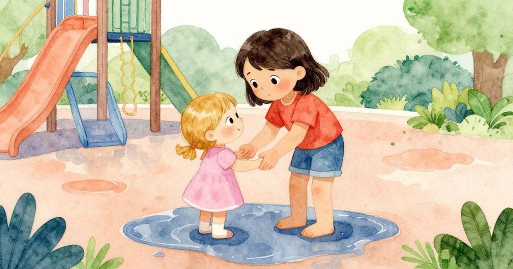 柯拉彎腰幫助一位小女孩在濕潤的地墊上找到安全位置，兩人面露關懷與溫柔，場景溫馨寫實。