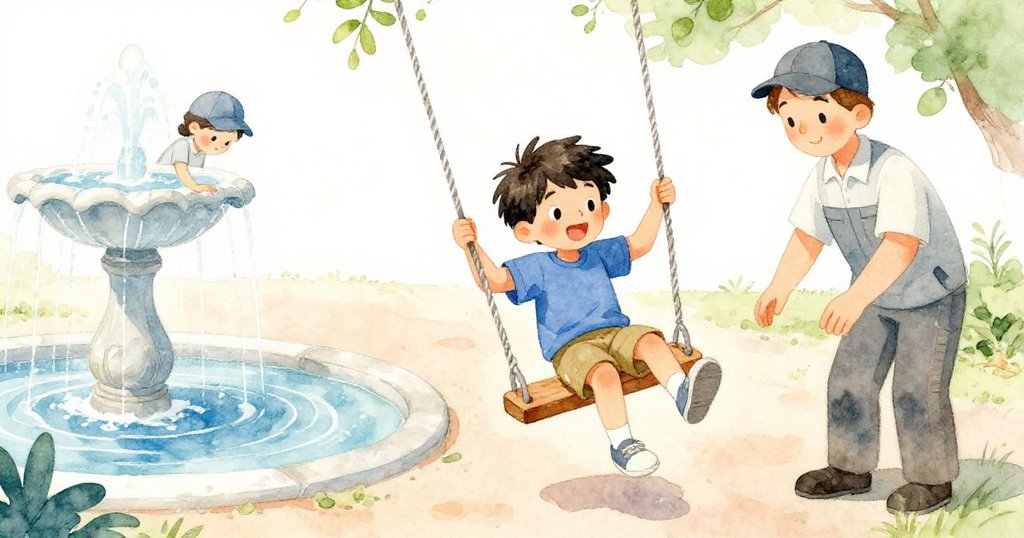 布拉姆在搖擺中用力推腿對抗濕滑地面，旁邊照顧者認真清潔噴水區，動作與環境緊密呼應。