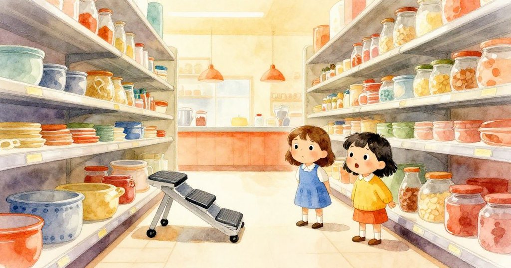 凱與艾拉站在整齊貨架前,驚喜地望著橫臥的滾動墊凳,明亮溫暖的室內環境中,氣氛充滿期待。