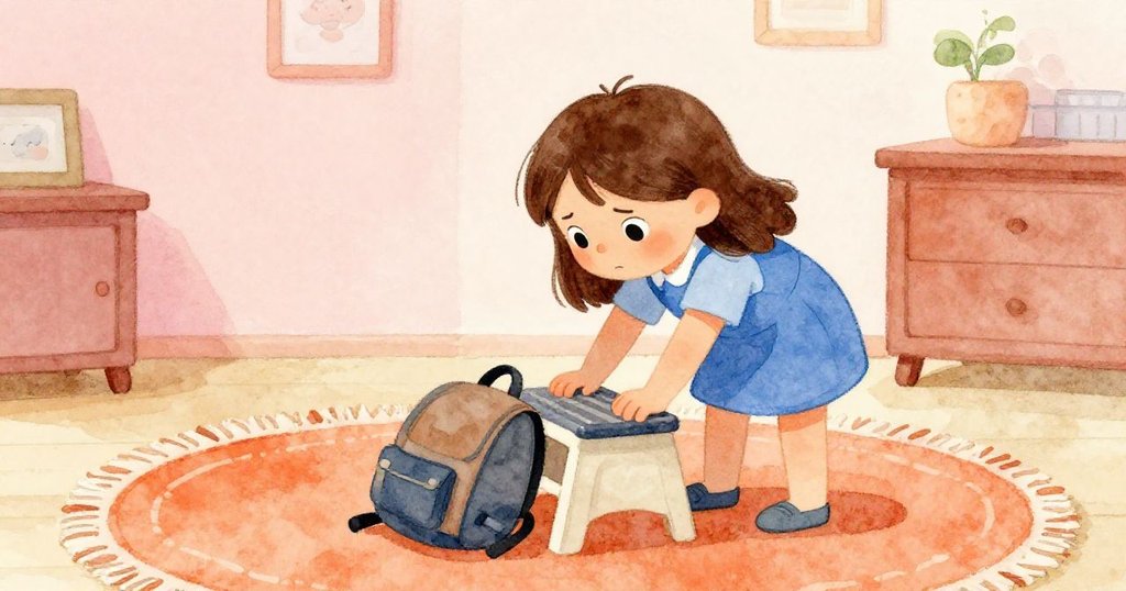 凱彎身嘗試推動墊凳時,背包被狹縫卡住,室內柔光襯托出細膩地毯紋理,神情專注。