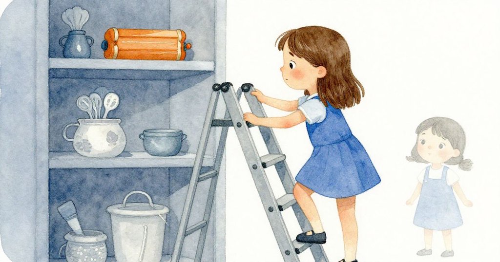 凱聚精會神地調整墊凳,前景中清晰見到墊凳,中景展示高架上的古書,層次分明,氣氛緊張。