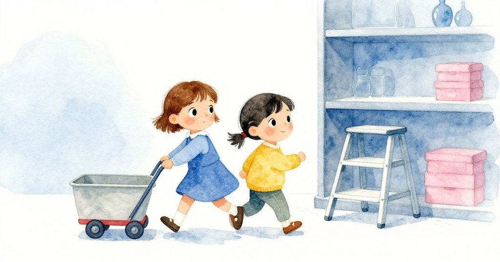 凱與艾拉推著歸還推車匆忙離去,回首看見整齊靠架的墊凳,室內明亮溫暖,心情輕鬆。