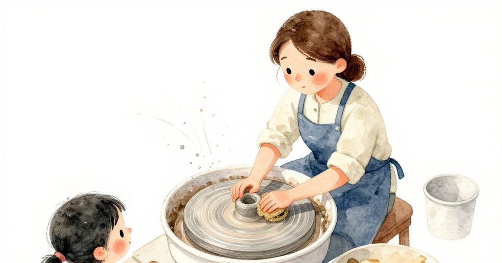 從高處俯視，Delia輕觸濕潤陶器邊緣，水花在室內柔光中飛濺，動作既溫柔又充滿專注。