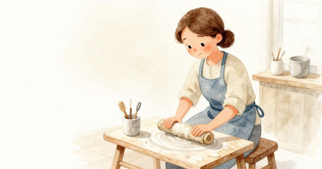 Delia坐於工作桌旁，溫暖懷舊的色調中輕柔捏塑黏土，動作細膩而充滿溫情，展現陶藝製作的過程。