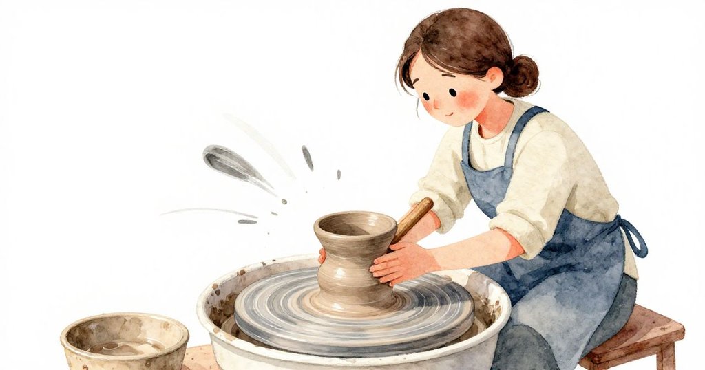 Delia使用木製工具在旋轉陶器上雕刻溝槽，動態軌跡顯示出她穩定且精細的創作動作，場景充滿活力與工藝美感。