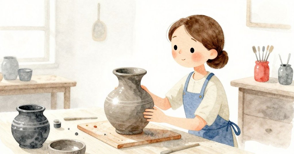 Delia站在工作室裡欣賞完成的陶器，細小亮點點綴邊緣，遠景展現工藝成果與內心滿足的靜美情懷。