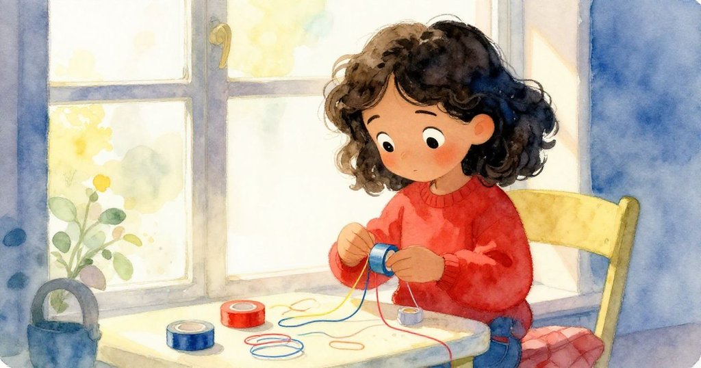 透過柔和窗戶觀察，Kira調整粘帶貼於棉袖上，反光中隱約出現野餐棚，表情堅定且認真。