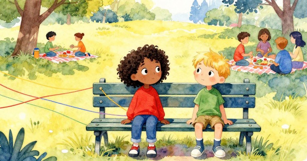 在綠茵草地上的野餐背景中，Kira與Hollis協調處理搖曳彩線，風輕拂過，兩人互動充滿決心與樂趣。