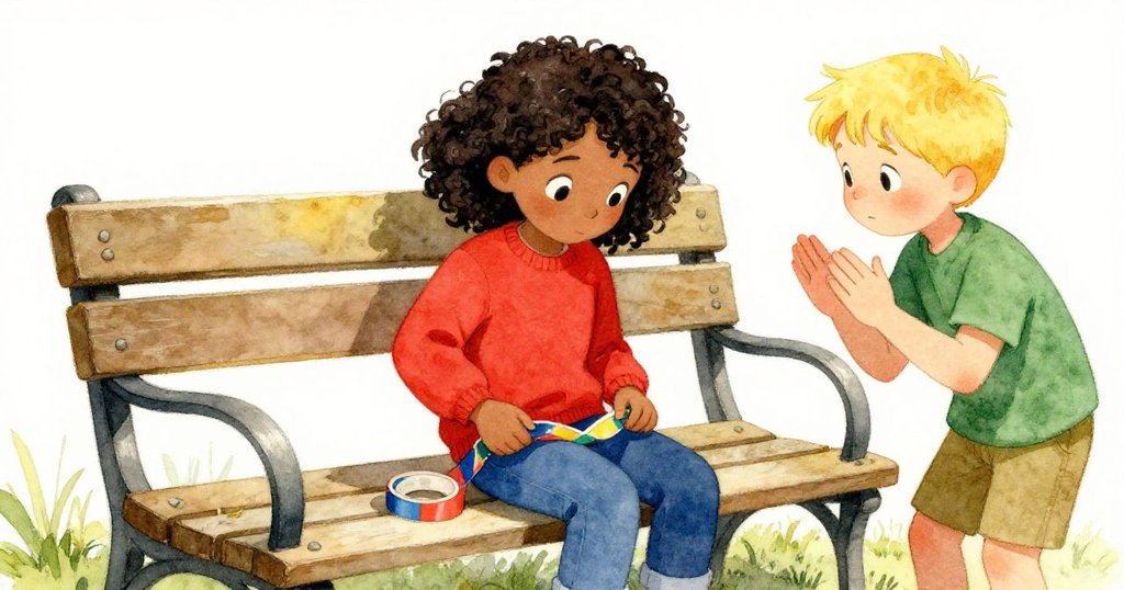 Kira完成任務後輕放環狀粘帶於溫暖長椅上，Hollis舉拇相助，背景寧靜公園及野餐遠景呈現溫馨落幕。