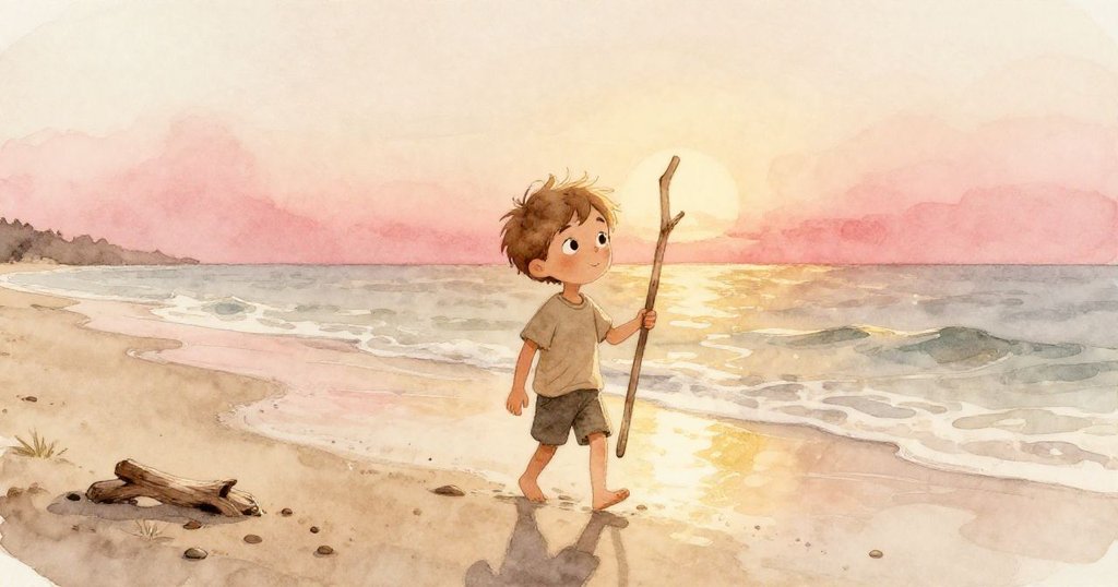 保羅在夕陽下的海灘上邁步，赤腳感受涼濕沙灘和潮水，臉上流露出專注與喜悅。