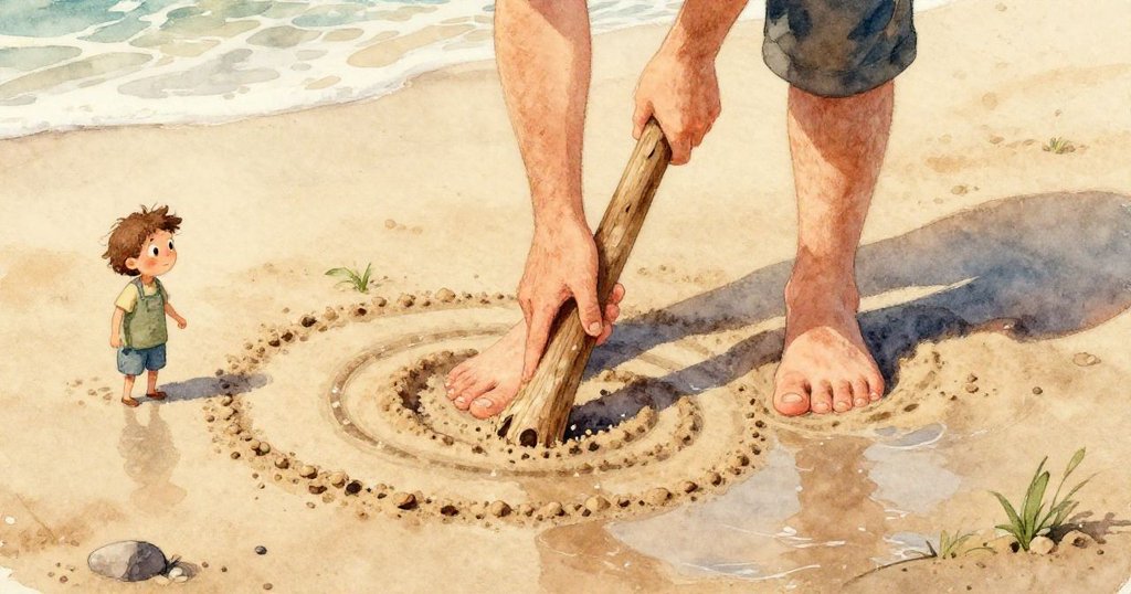 保羅的赤腳特寫特寫在濕沙上，細小螺旋初現，每一步都刻著創意印記，場景溫柔寧靜。