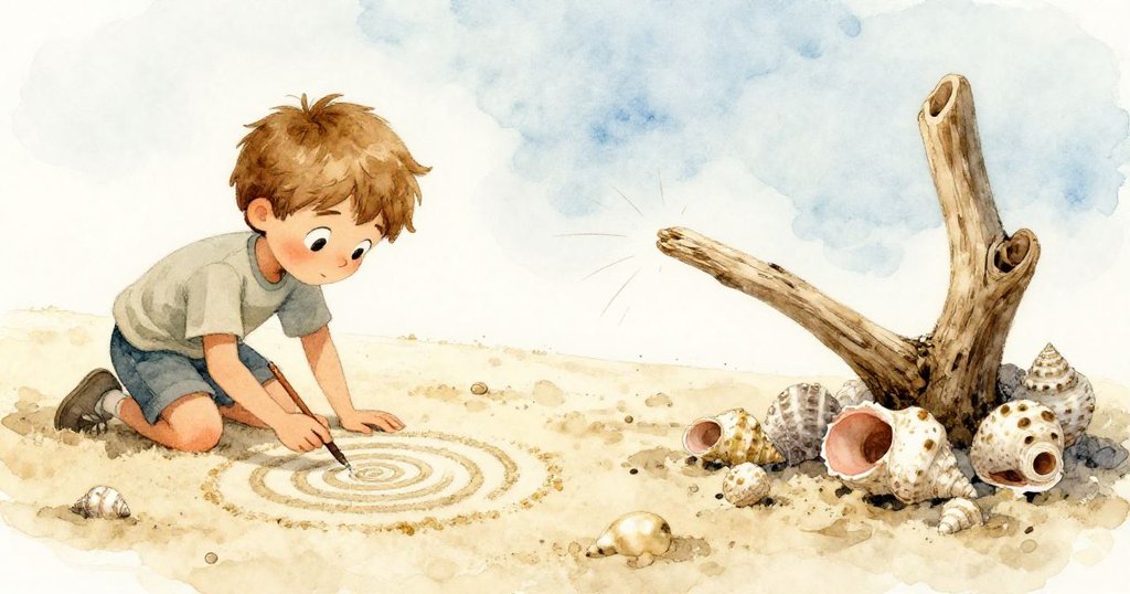 保羅正專注於沙上螺旋創作，突然木棍斷裂，輕巧尖端飛向滿布藤苔的貝殼，動作瞬間充滿驚奇。