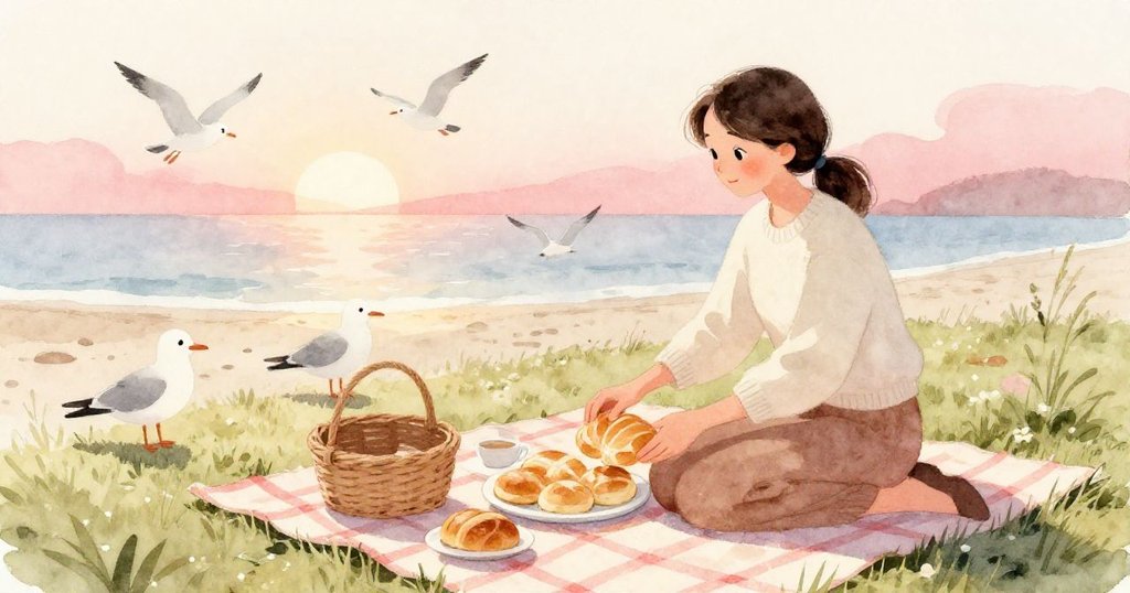 海灘背景中，媽媽在彩色野餐布上整齊擺放晚餐小點，幾隻海鷗悄然盤旋，畫面溫馨和諧。